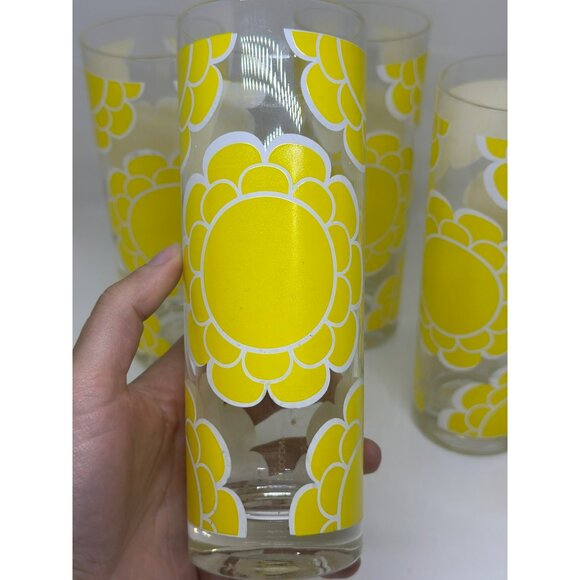 VTG 70s Colony Flower Highball Glasses – Set of 4, 7" Retro Sunflower Tumblers - Picture 3 of 7